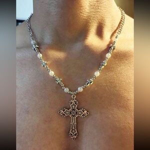 Silver & Pearl Beaded Cross Pendant Necklace